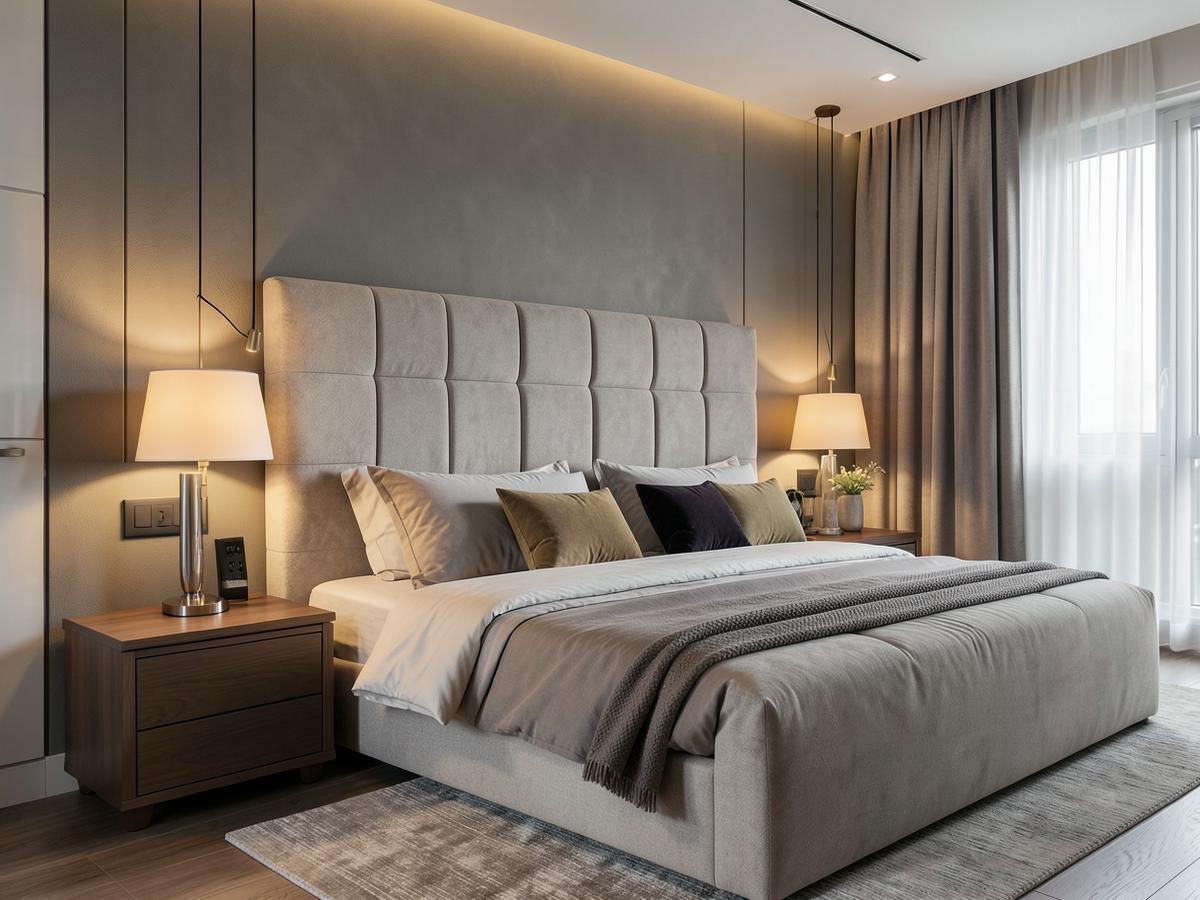 Bedroom with warm layered lighting