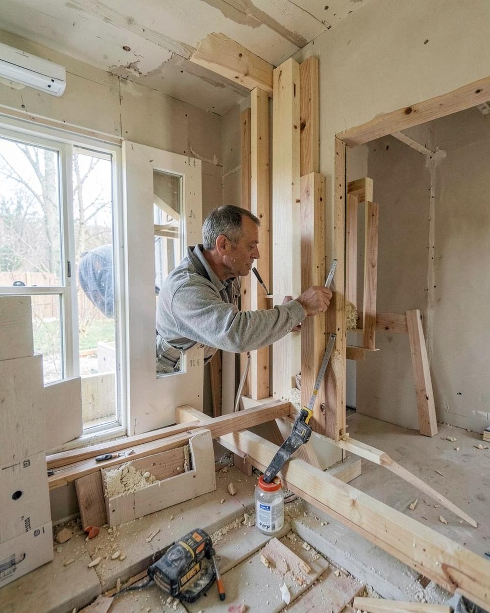 Craftsman measuring timber during an interior installation